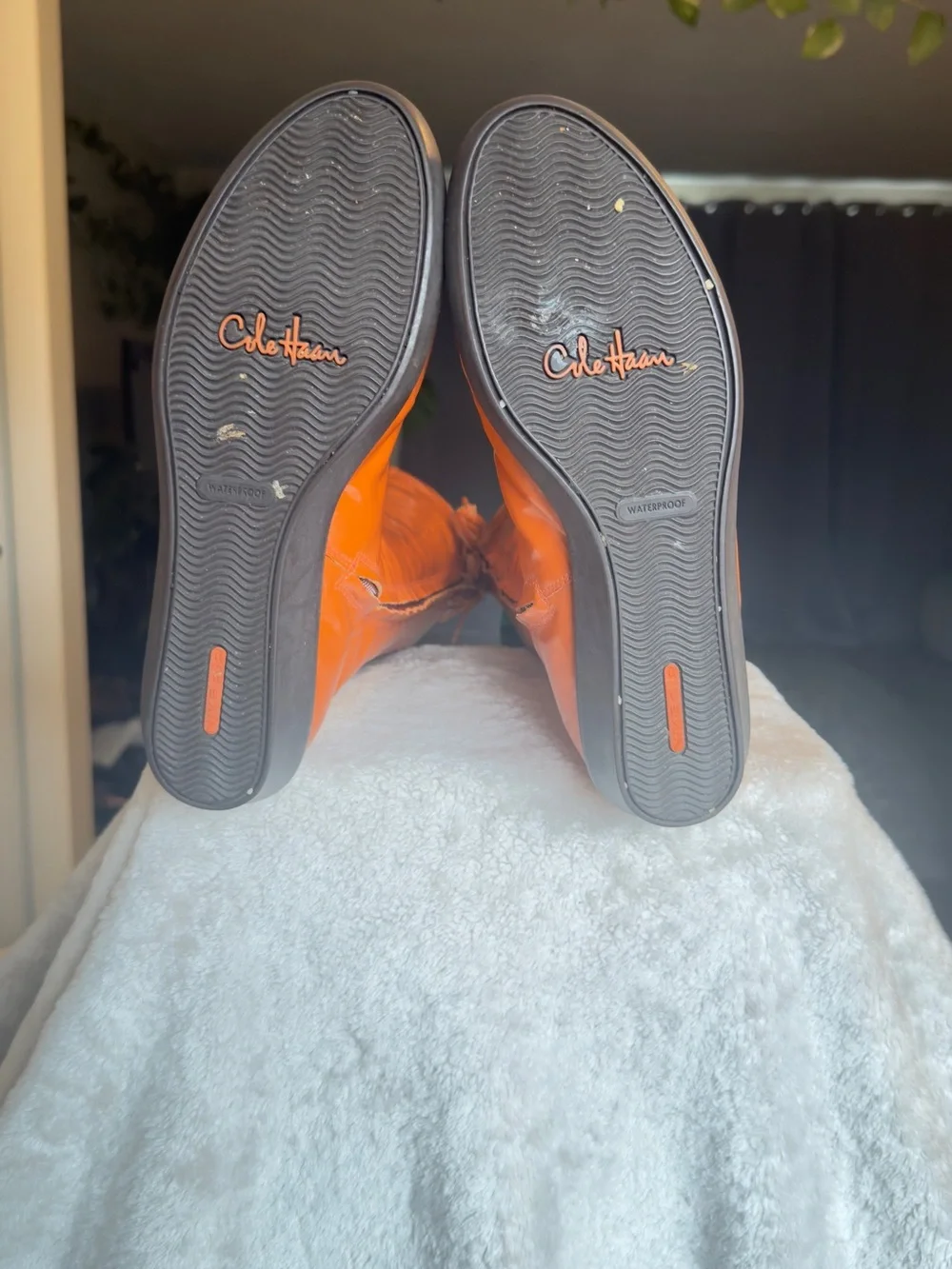Cole Haan Orange Waterproof Patent Leather Tall Wedge Rain Boots Size 7.5 B